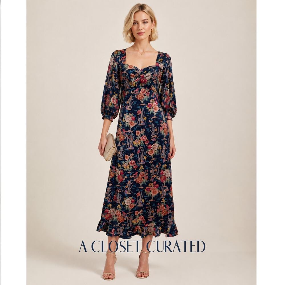 Evi Grintela Satin Floral Midi Dress Small